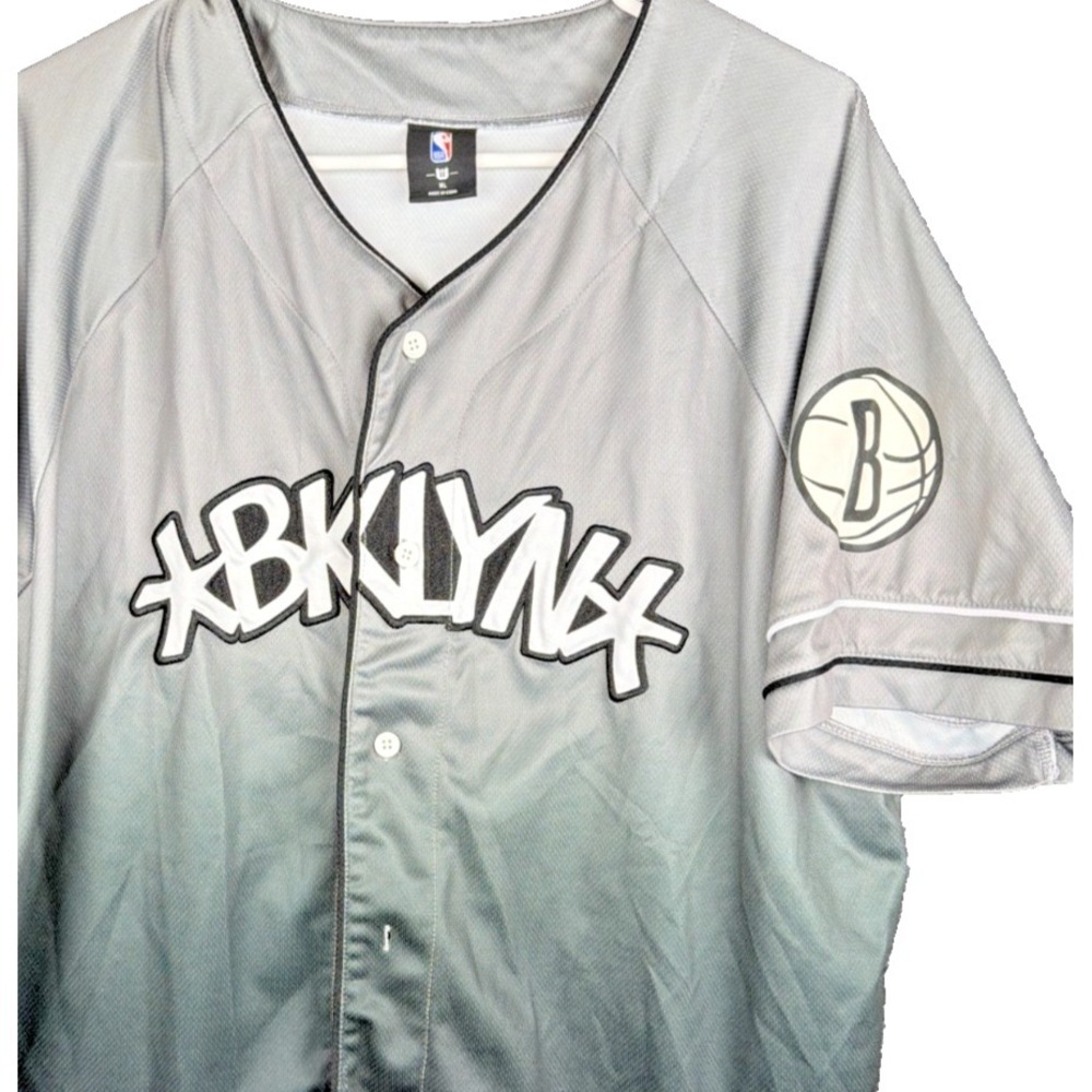 NBA Brooklyn Nets Jersey Mens XL‎ Baseball Button Up Gray Ombre Fade Basketball
